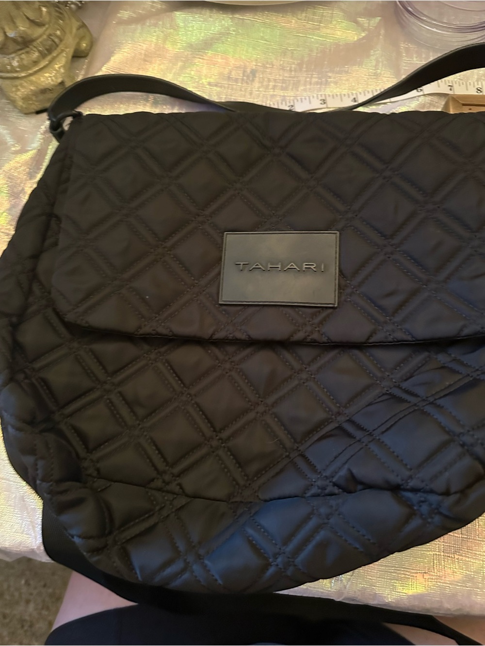 Tahari Black Quilted Crossbody Flap Shoulder Bag
